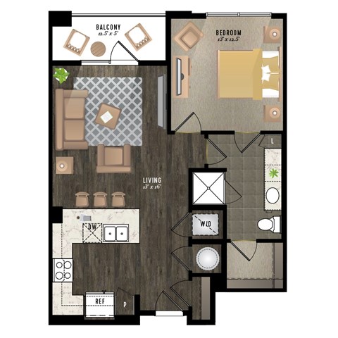 A floor plan of an apartment with a balcony, living room, dining room, kitchen, and bathroom.